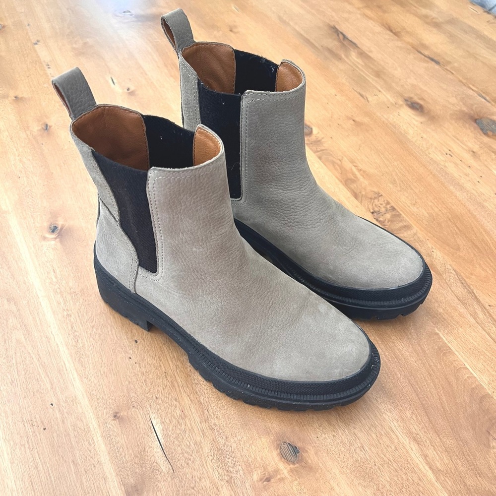 Lucky Brand Emali Grey/Tan Leather Chelsea Lug Sole Ankle Boots Women's  7M 37.5